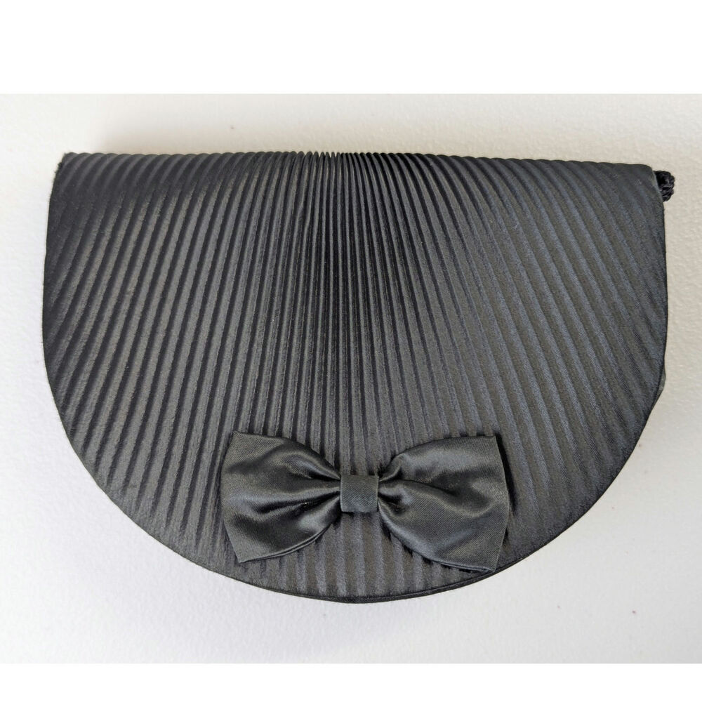Vtg 1980s Black Clutch Evening Bag Convertible Retro Bow Hoco Prom Formal Girly